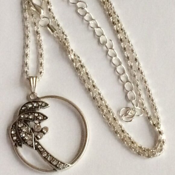 Palm Tree Pendant Necklace Crystal Silver Plated 23" X-Long Chain Coconut Island - Picture 5 of 12